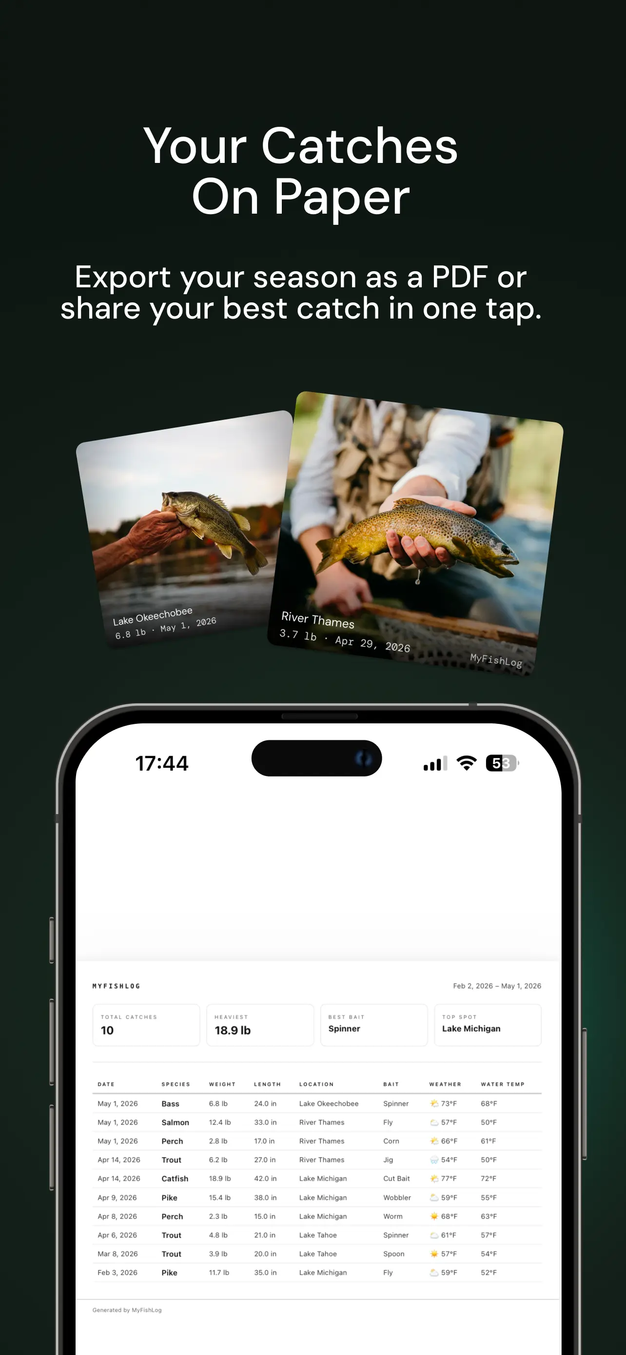 MyFishLog Fishing Journal – PDF Export screen