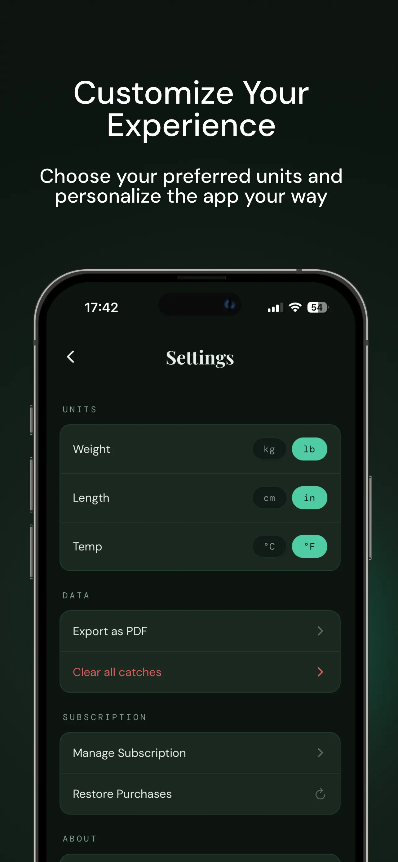 MyFishLog Fishing Journal – Settings screen