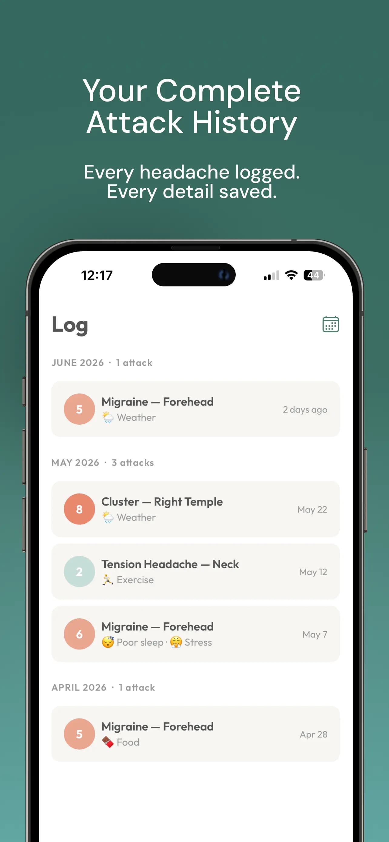Track My Migraine – Calendar screen